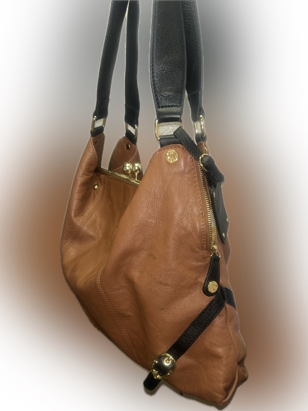 Emma Fox Large Cognac Pebbled Leather Hobo Shoulder Bag Black Trim Gold Hardware - Picture 5 of 13